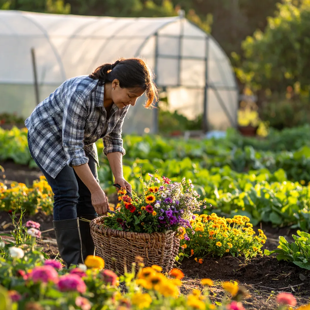 Antonia cosechando flores en su Huerto Rentable para llevar a la feria