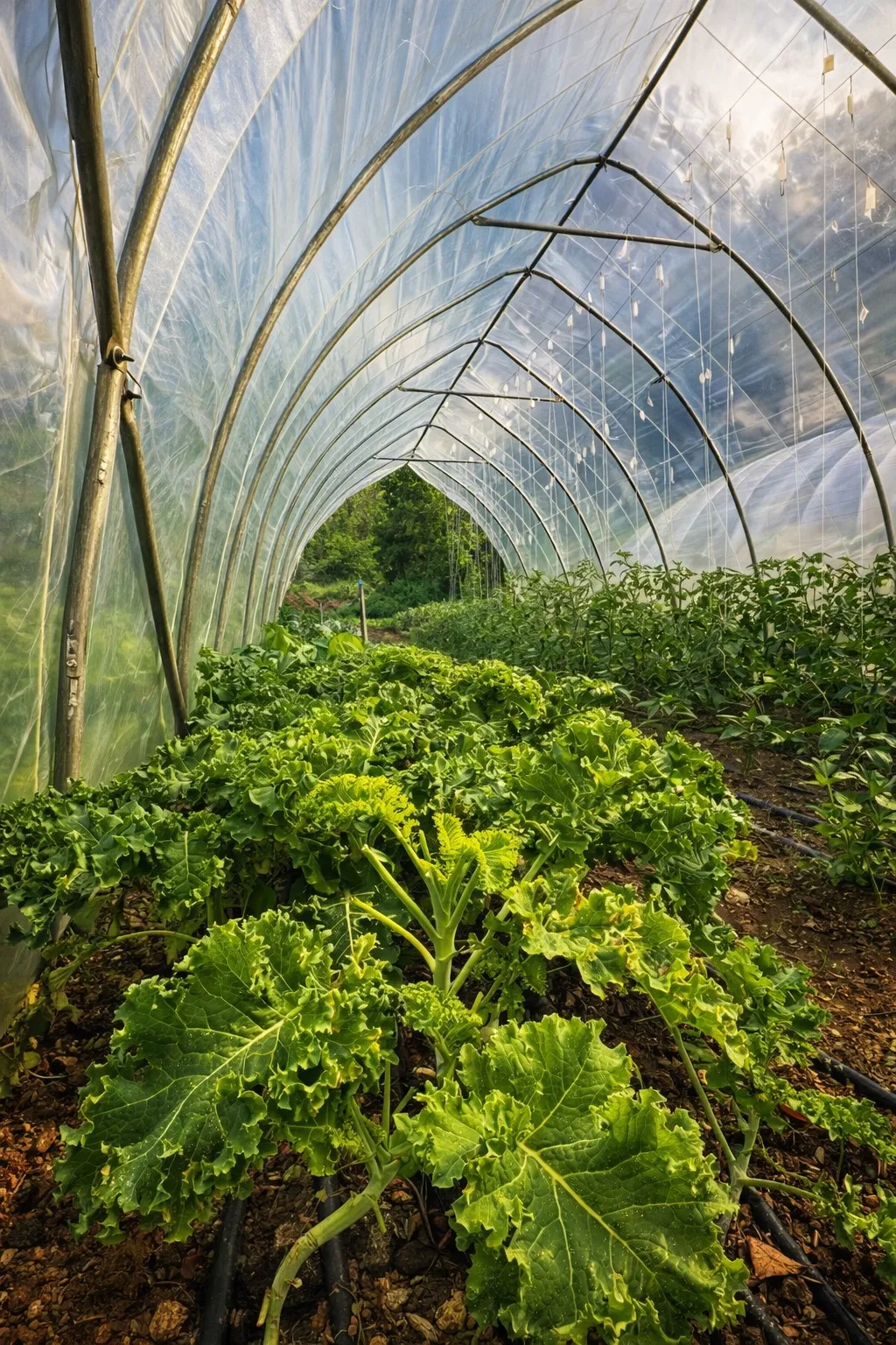 Cultivos creciendo dentro del invernadero Huerto Rentable 35