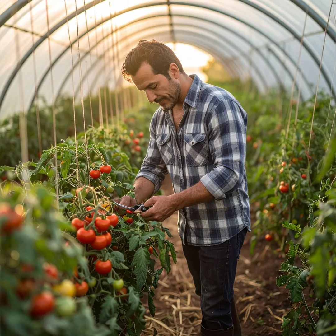 Juan podando sus tomates en el invernadero, en plena producción