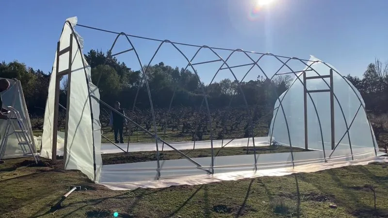 Invernadero terminado en San Nicolás, con las montañas al fondo